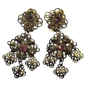 Long Dangling‎ Earrings Czech Germany Purple Rhinestones Vintage Costume Jewelry